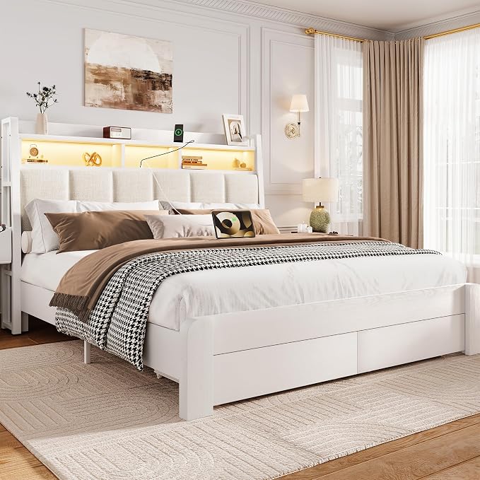 BRELTAM Queen Size Bed Frame with Storage Drawers Upholstered Bed with 2-Tier Storage Headboard and LED Light&Charging Station,Metal Platform Bed Frame Queen Size,Noise Free,No Box Spring Needed,White