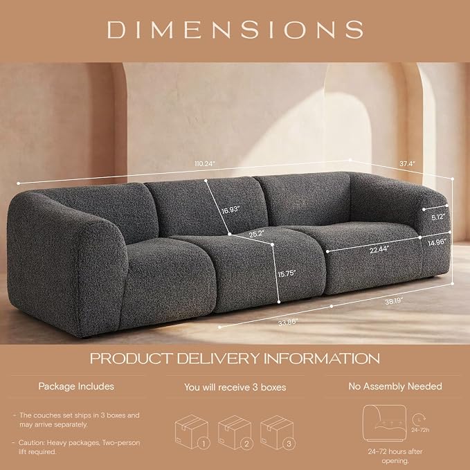 Curved Sectional Modular Couch with Chaise, Modern 110.24'' Boneless Sofa with Deep Seat, Sherpa Boucle Cloud Couch for Living Room, Cozy Teddy 3 Seater Couches,No Assembly, Gray