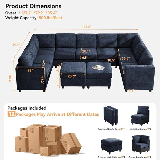 127'' Oversized U Shaped Modular Sofa, Sectional Couches with Storage for Living Room, Modern 9 Seater Cloud Sectional Couch with Movable Ottoman, Chenille Navy