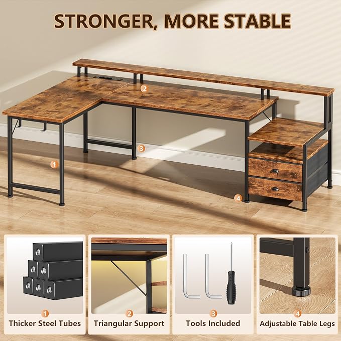 66'' L Shaped Desk with Power Outlets and USB-C Port, Reversible Office Desk with drawers and Storage Shelves, Computer desk with Led Lights and Host stand for Home Office, Gaming, Work, Rustic Brown