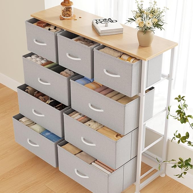 DUMOS 9 Drawer Dresser for Bedroom, Storage Organizer Chest of Drawers | Fabric Bins Storage Tower with Sturdy Metal Frame, Wood Tabletop for Closet, Light Grey