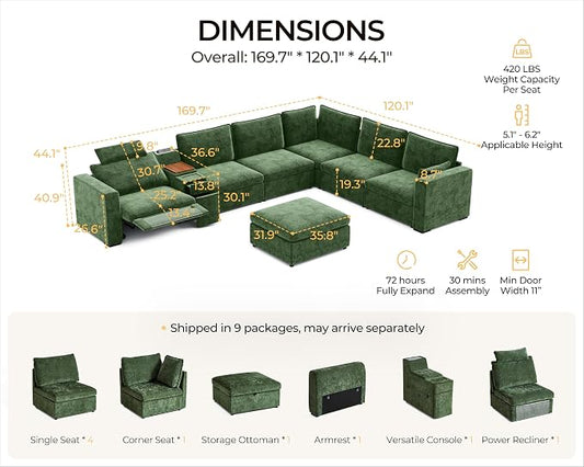 169.7" Oversized Modular Power Recliner Sofa with Headrest, Wall Hugger Cloud Reclining Couch, Drawer Charging Cup Holders, Deep 7-Seater Sectional with Corner and Storage Ottoman, Chenille, Green