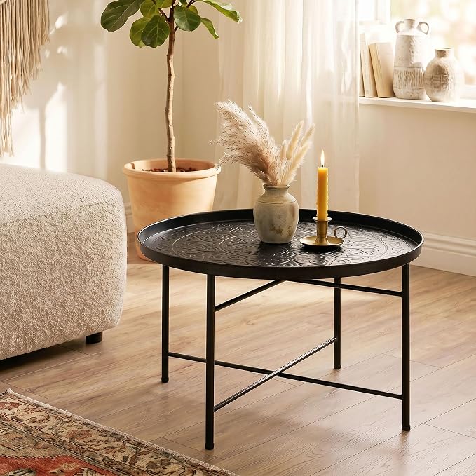 HOMCOM 24" Round Coffee Table with Hammered Tray Top, Vintage Metal Center Table for Living Room, Bedroom, Side Table, Black