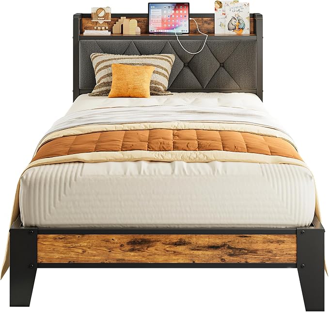 ANCTOR Twin XL Bed Frames, Storage Headboard with Outlets, Easy to Install, Sturdy and Stable, No Noise, No Box Springs Needed - Perfect for a Good Night's Sleep