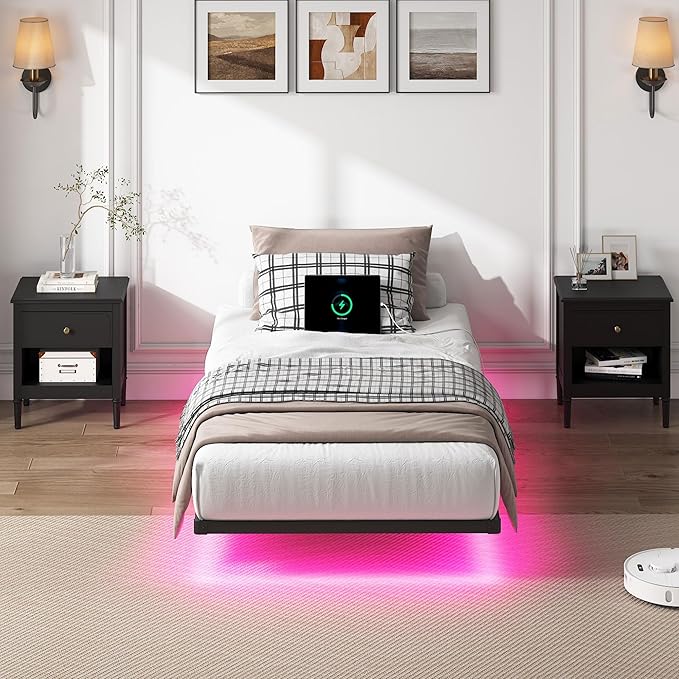 YORMDMO Floating Bed Frame Twin Size, Heavy Duty Bedframe with Smart LED Lights & Charging Station, Modern Metal Platform Bed, Easy Assembly No Box Spring Needed, 8 Inch