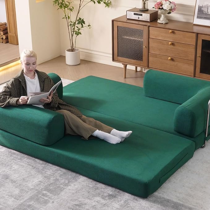WHGBJA 79" Convertible Sleeper Sofa Bed with Cylindrical Pillow, Corduroy Folding Mattress Couch with Fixed-Shape Frame, Floor Sofa Lounge Couch for Living Room Bedroom Lounge Studio (Green)