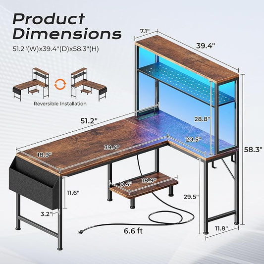 PRAISUN L Shaped Gaming Desk with LED Lights & Power Outlets, Reversible Computer Desk with Storage Shelves & Bag, Large Corner Home Office Desk with Pegboard for Work from Home, Rustic Brown