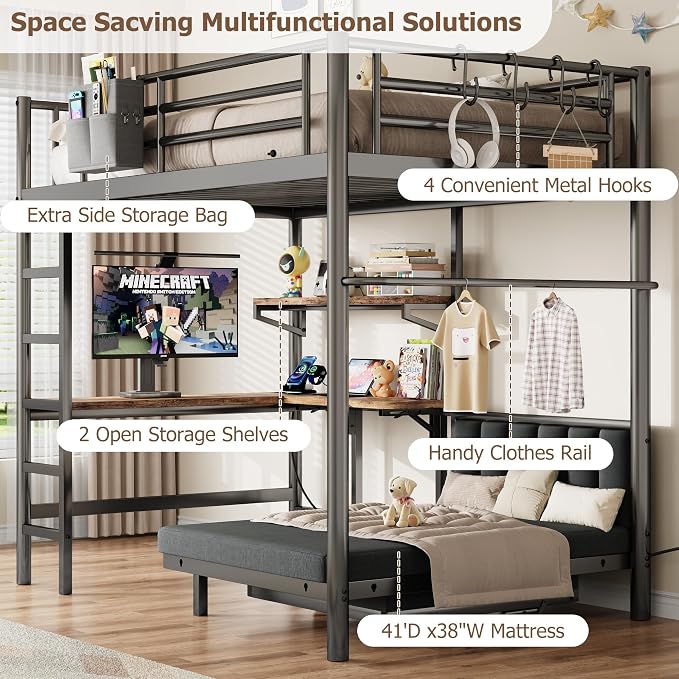 Jocoevol Twin Loft Bed with Mattress, Dual-Access Bed, Pull-Out Folding Bed & L-Shaped Desk, Heavy Duty Metal Bunk Bed Frame with Safety Guardrails, Charging Station & Adjustable Shelves (Dark Black)