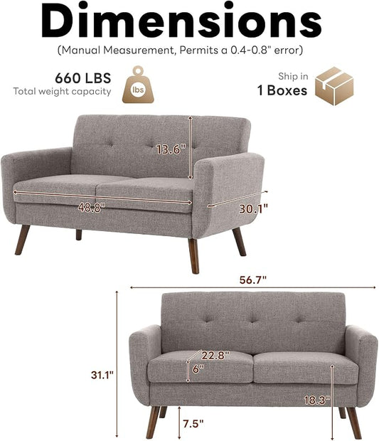 Tbfit 56" W Loveseat Sofa, Mid Century Modern Decor Love Seat Couches for Living Room, Button Tufted Upholstered Small Couch for Bedroom, Solid and Easy to Install Love Seats Furniture, Grey
