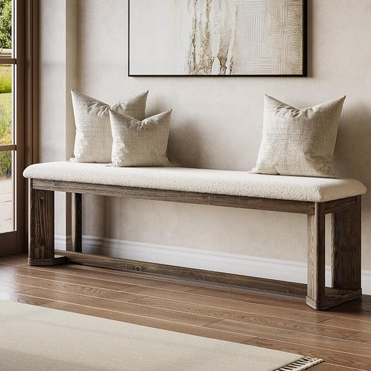 LITTLE TREE 63" Upholstered Bench, Solid Wood Entryway Shoe Bench with Cushion, Long Modern Farmhouse End of Bed Bench with Antique Brown Legs & Faux Lamb Fur Seat for Bedroom 2 PCS
