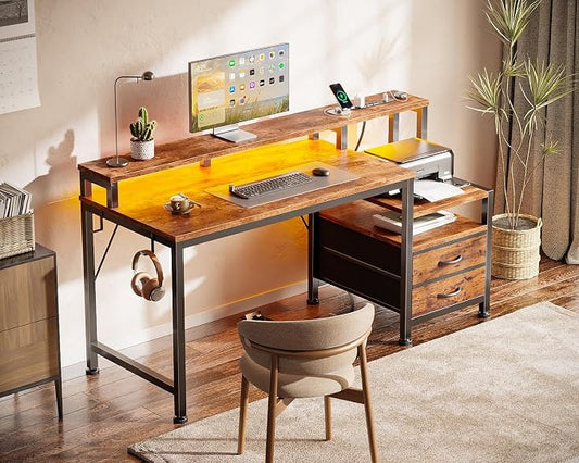 Furologee 47" Gaming Desk with LED Lights & USB-C Port, Reversible Computer Desk with Monitor Stand, Storage Shelves & 2 Fabric Drawers, Home Office Desk with Power Outlets & Hooks, Rustic Brown