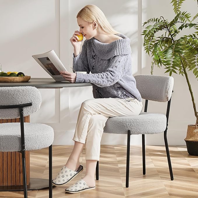 Sweetcrispy Dining Chairs Set of 6, Boucle Upholstered Modern Mid Century Round Kitchen Chairs with Curved Backrest & Metal Legs for Vanity, Living Room - Grey