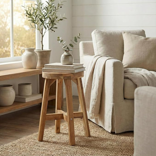 ARROWSTONE Round Stool Acacia Wood, 18" Height, 11'' Round Top, Backless, Easy Assembly, Natural Wax Finish, Wooden Stool for Plant, Dining Room, Kitchen Counter, Makeup
