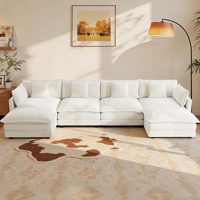 147" Modular Sectional Sofa, Oversized U Shaped Sectionals Cloud Couch, Big Comfy Couch with 2 Ottomans, 6 Seater Chenille Sectional Sofa with Deep Seat and 6 Pillows for Living Room- Beige