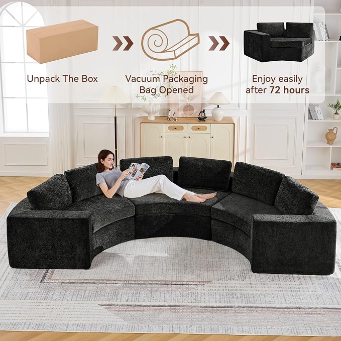 WUTUTUEE 139'' Curved Round Boneless Couch, Oversized Cloud Sofa with Deep Seat & Arms, Chenille Modular Sectional Sofa with Pillows, Upholstered Comfy 6 Seat Couch for Living Room, Black