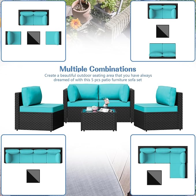 5 Piece Outdoor Patio Furniture Set,Black PE Rattan Wicker Sectional Sofa, All Weather Conversation Set with Washable Cushions & Glass Coffee Table for Backyard Poolside Garden Porch,Blue