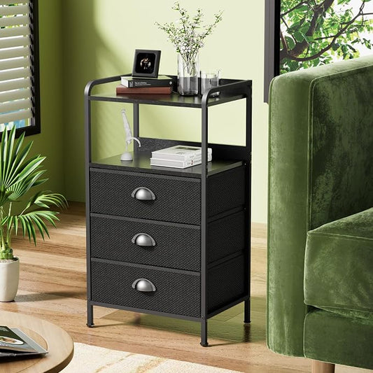 Night Stand with 3 Fabric Drawers, Bedside Table with Wood Top and 2 Tier Shelf, End Table with Storage Drawer Dresser, Small Side Table for Bedroom, Metal Frame, Black