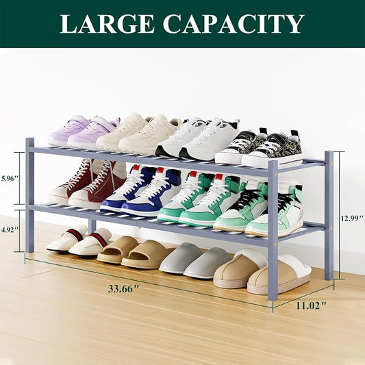 Smiry Long Bamboo Shoe Rack, 2 Tier Free Standing Wooden Shoe Organizer, Stackable Wood Shoe Storage Shelf for Closet, Entryway, 12 Vertical Slats, One-piece Standard Legs, 33.7"x11"x13", Grey