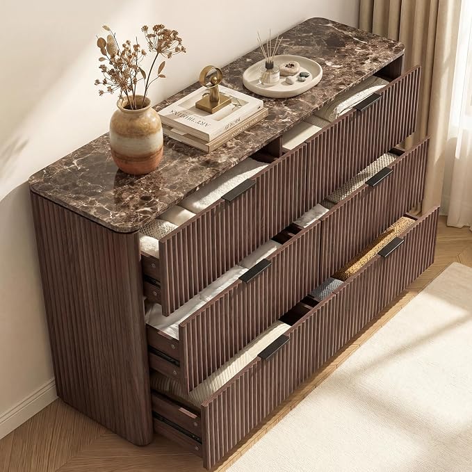 Dresser for Bedroom with 6 Drawers, 54"W Chest of Drawers, Fluted Dresser with Faux Marble Top, Curved Profile Design, Metal Handle, Wood Closet Storage Organizer for Living Room, Hallway, Dark Oak
