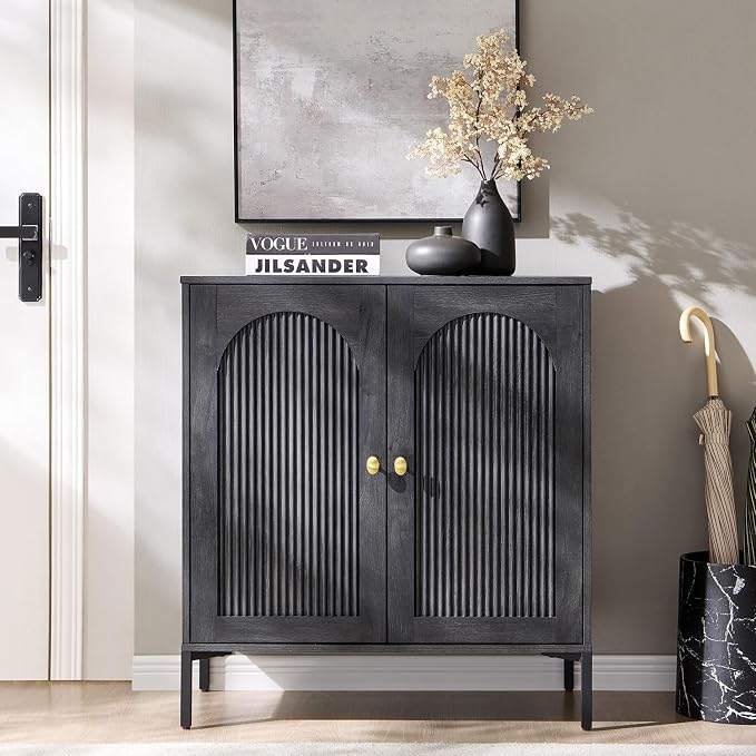 IFGET Modern Buffet Cabinet with Storage, 34" Tall Fluted Arched Sideboard Cabinet w/Adjustable Shelves, Wooden Modular Coffee Bar for Dining Room, Kitchen, Living Room, Entryway, Dark Grey