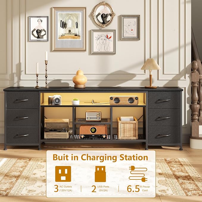 Furologee LED TV Stand for 65, 70, 80 Inch TV, 71 Inch Entertainment Center with Power Outlets, 6 Fabric Drawers Dresser for Bedroom, Media Console with Open Shelves, PU Leather Surface, Black