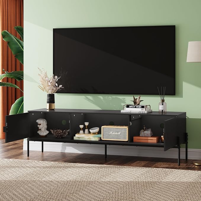 WLIVE 58" TV Stand for 65 Inch TVs, Mid Century Modern Entertainment Center with 2 Storage Cabinets & Open Shelf, Media Console Table with Metal Legs for Living Room, Bedroom, Black