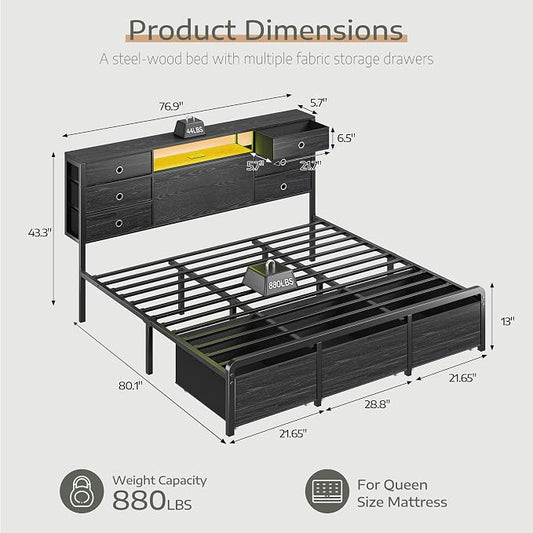 Homkdom King Size Bed Frame with 9 Fabric Drawers Storage, Charging Station & LED Lights, Metal Platform Bed Frame with Headboard,Noise-Free and Easy Assembly,Black