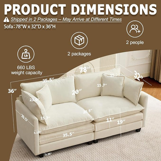 78" Modular Sectional Sofa, Cloud Couch Loveseat Sofa, Deep Seat Washable Chenille Fabric Sofa with Throw Pillows, 2 Seat Modern Couches for Living Room Bedroom Apartment, Beige
