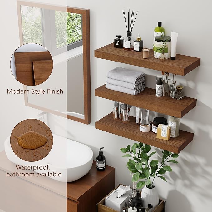 fuqing Rustic Floating Shelves, Wooden Floating Shelves for Wall Set of 3, Wall Mounted Dark Wood Shelves for Living Room Bedroom Bathroom Kitchen - Dark Walnut