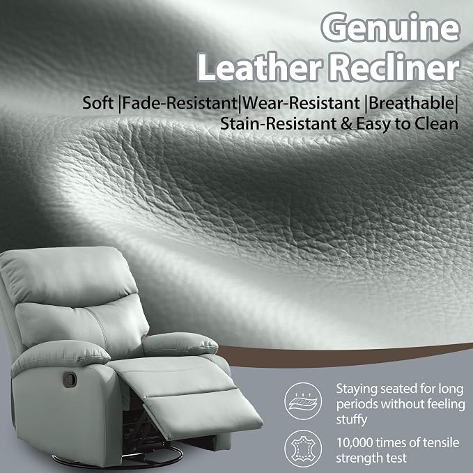 Genuine Leather Rocker Recliner Modern Manual Swivel Glider Recliner with Adjustable Backrest & Footrest Wall Hugger Swivel Rocking Recliner Chair for Modern Living Room and RV Green