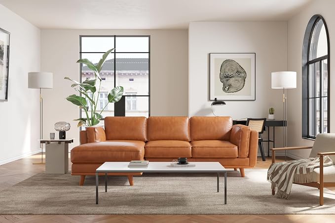 Valencia Artisan Full Leather Sofa - Pure Full Italian Nappa Leather Couch, Solid Wood Accent, Ultimate Comfort (Cognac, Left Chaise Sectional)
