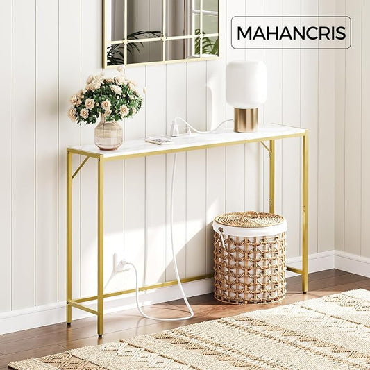 MAHANCRIS Console Table, Narrow Sofa Table, 43.7” Entrance Table with Power Station, Behind Couch Table, Simple Style, for Living Room, Hallway, Entryway, Foyer, Marble and Gold CTJM112E01