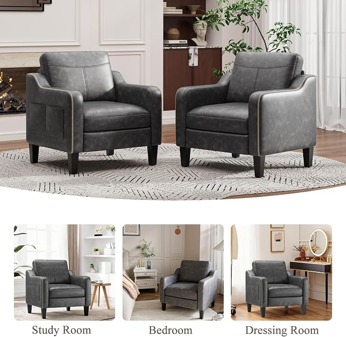 MALOL PU Leather Accent Chair Set of 2, Mid-Century Modern Living Room Armchair Sofa with Removable Cushions, Solid Wood Frame & Stitched Armrest Design, Bedroom Chair with Plastic Legs, Black