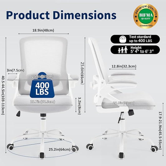 Ergonomic Office Chair, Desk Chair with Adjustable Lumbar Support, Breathable Mesh Comfy Computer Chairs with Flip-up Armrests Executive Task Chair for Adults Home Office(Gray)