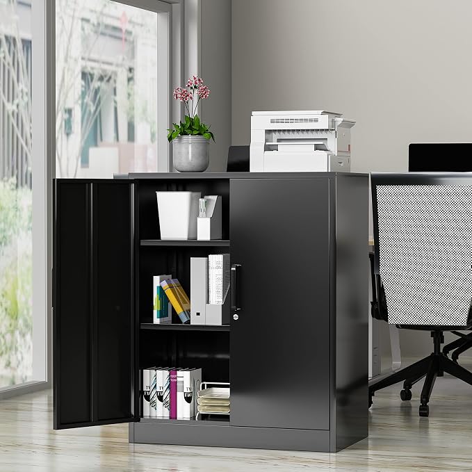 36" H Metal Garage Cabinet, 2 Doors Storage Cabinets, Steel Utility Tool Caninet, Short Locking Caninets with Adjustable Shelves, Black Lockable File Cabnet Cupboard for Home/Office/School/Shop