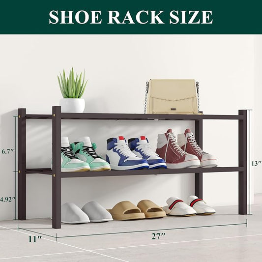 Smiry Bamboo Shoe Rack, 2 Tier Free Standing Wooden Shoe Organizer, Stackable Wood Shoe Storage Shelf for Closet, Entryway, 12 Vertical Slats, One-piece Standard Legs, 26.8"x11"x13", Brown