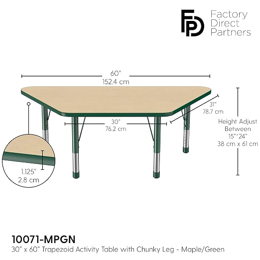 FDP Trapezoid Activity School and Classroom Kids Table (30 x 60 inch), Chunky Toddler Legs for Collaborative Seating Environments, Adjustable Height 15-24 inches - Maple Top and Green Edge