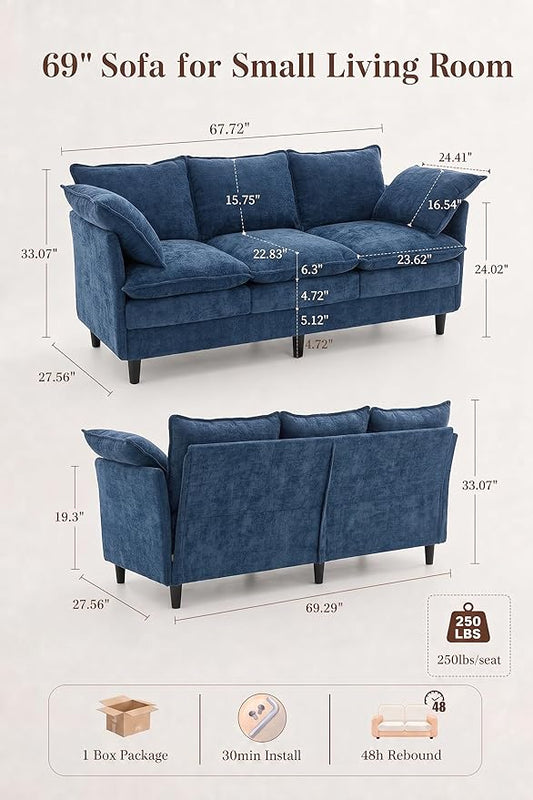 69 Inch Small Sofa, 3-Seater Loveseat Couch with Cloud 2 Layer Cushion, 22.8" Deep Seat, Oversized Pillows, Chenille Fabric, Compact for Small Spaces,Apartment, Living Room, Studio, Office, Blue