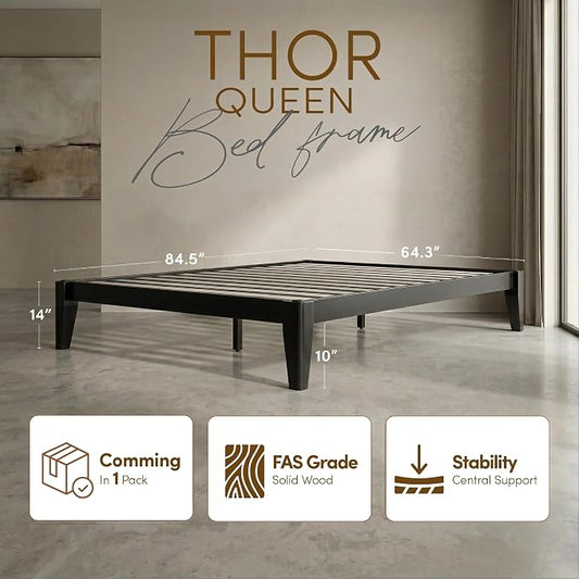 Thor Premium Solid Wood Bed Frame Queen, Japanese Joinery Bed Frame with Wood Slat Support, Platform Bed, No Box Spring Needed, Easy Assembly, Minimalist & Modern Style (Midnight Charcoal)