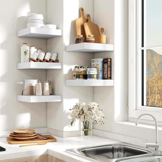 Fun Memories Floating Shelves for Wall 10 Inch, 10 Inch Deep Square Wall Shelves, Bathroom Storage Shelves Over Toilet, Wood Floating Shelves for Living Room Bedroom, White, Set of 2