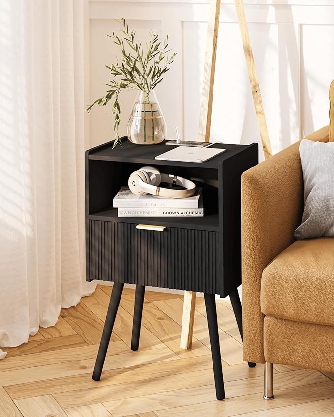 JOONEE Black Nightstand with Outlet,Modern Bedside Table with Storage Drawer and Open Wood Shelf, for Living Room, Bedroom and Small Spaces, Accent Night Stand with Solid Wood Legs, Easy Assembly