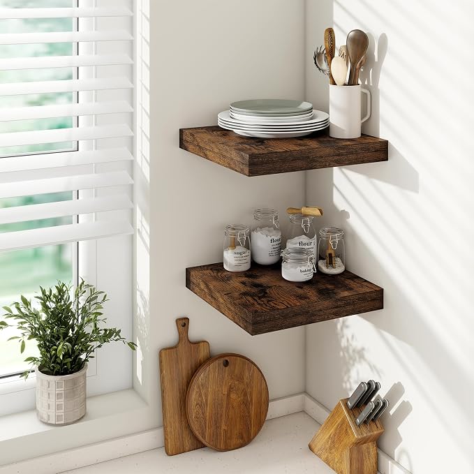 Vivelove 12" Deep Floating Shelves for Wall 12" Long, Wall Shelves for Living Room Bedroom Bathroom Kitchen Laundry Room, Farmhouse Rustic Shelves for Home Decor, 12" X 12" X 2" Set Of 2, Rustic Brown