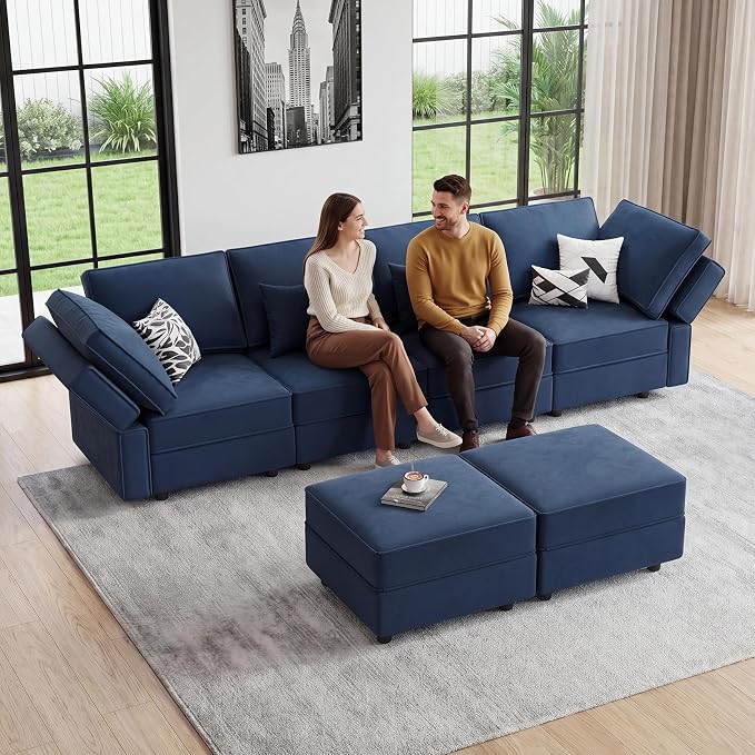Vesgantti Sectional Couches with Storage Seats, 118" L Shaped Convertible Modular Sectional Sofa, 4 Seat & 2 Ottomans Velvet Storage Chaises Deep Seat Couch for Living Room, Bedroom, Apartment, Blue