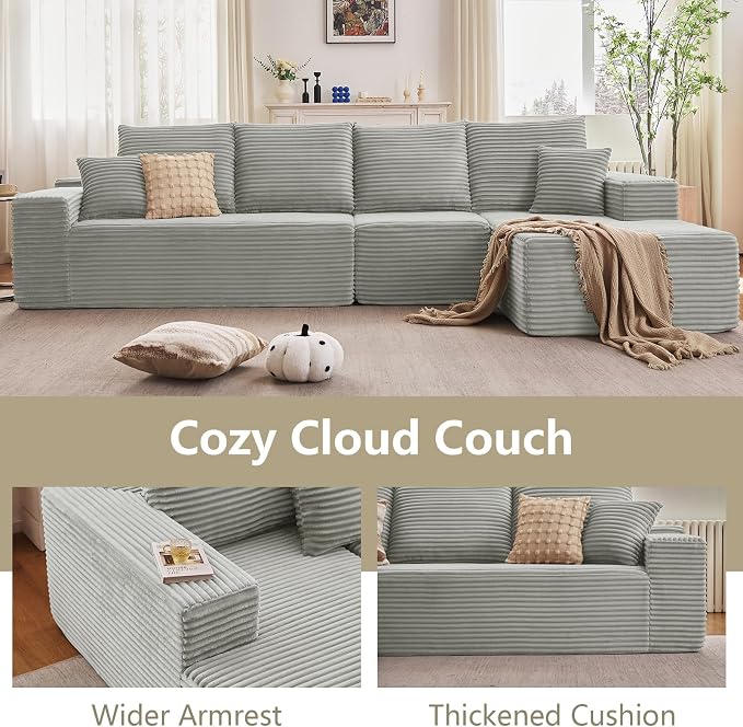 135" Cloud Sectional Couch with L-Shape Chaise, Modern Modular Comfy Sofa Chaise Longue, Upholstered Corduroy Couches Sleeper with Deep Seat for Living Room Bedroom, No Assembly Required, Grey