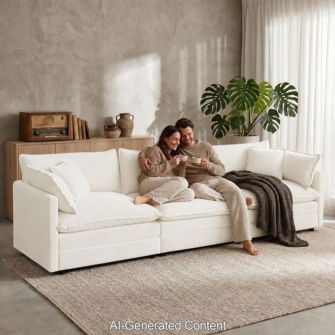 GNIXUU 111.5" Modern Cloud Sofa Couch, Upholstered Chenille 3 Seat Sofa Couch with Pillows & Armrest for Living Room, Bedroom, Deep Seat Sofa(Beige White)