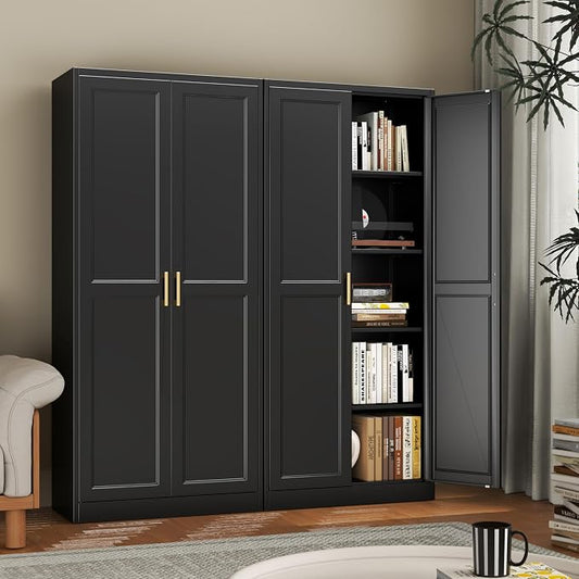 71" Metal Pantry Cabinet,Storage Cabinet with Doors and Shelves | Metal Storage Cabinet,Gold Handles,Adjustable Shelves,Magnetic Doors,Leveling Feet,Anti-tipping,for Kitchen/Garage Black