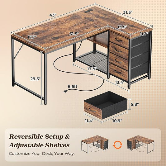 PRAISUN 43.3" Small Computer Desk with Power Outlets & USB-C Port, Reversible L Shaped Corner Office Desk with 4 Fabric Drawers and 2 Adjustable Storage Shelves, for Gaming Writing, Rustic Brown