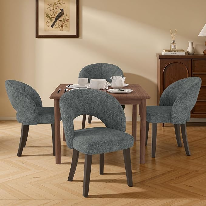 Dining Chairs Set of 2, Mid Century Modern Dining Chairs with Solid Wood Legs, Curved Back Kitchen Chair Farmhouse Side Upholstered Chairs for Kitchen Dining Room, Gray