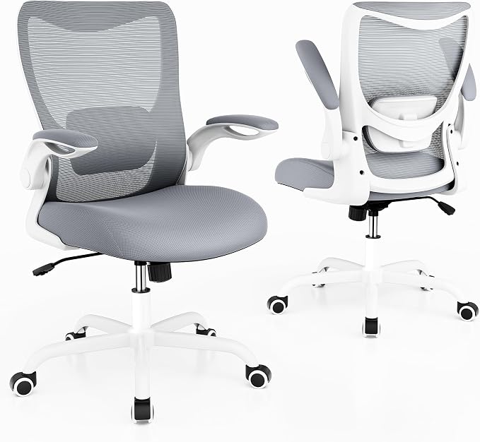 MUXX.STIL Office Chair, Ergonomic Desk Chair with Adjustable Lumbar Support and Flip up Armrest, Breathable Mesh Computer Chair for Home Office, Gray