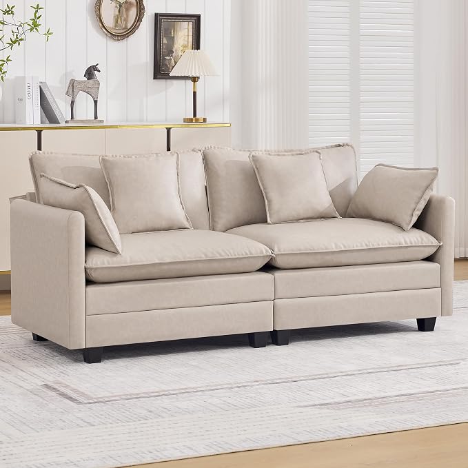 76'' Cloud Deep Seat Loveseat, Upholstered Leather Modular 2-Seats Sectional Sofa Couch, Modern Comfy Settee Loveseat for Living Room Set, Small Apartment, Leather Beige